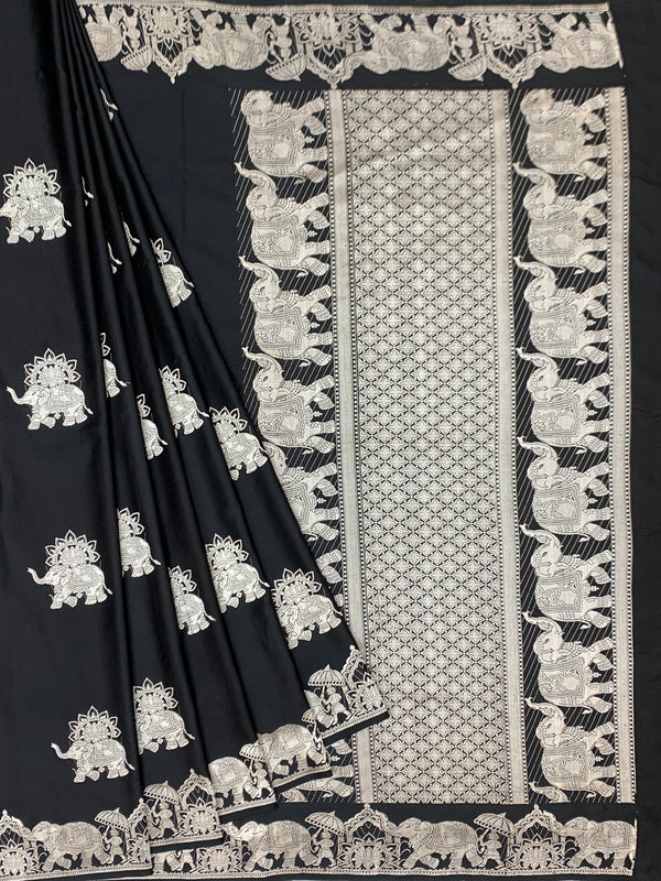 Midnight Black Mashru Silk Saree with Royal Elephant Zari Weave