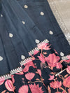 Midnight Bloom Black Tussore Saree with Pink Floral Border