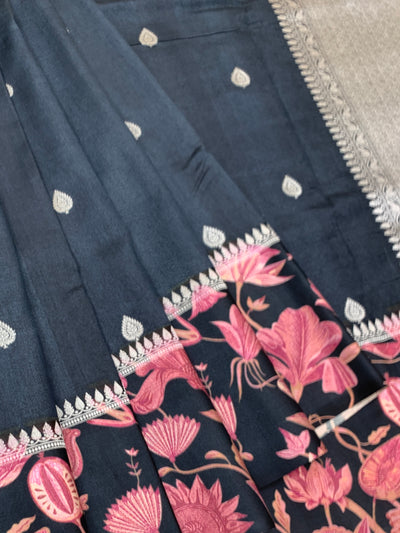 Midnight Bloom Black Tussore Saree with Pink Floral Border