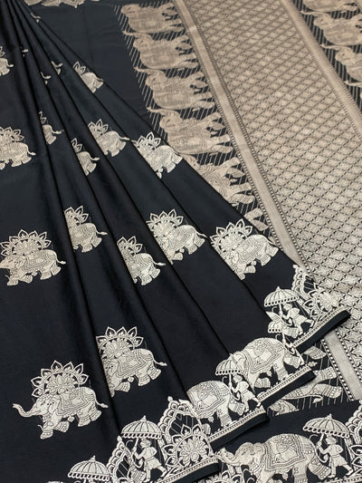 Midnight Black Mashru Silk Saree with Royal Elephant Zari Weave