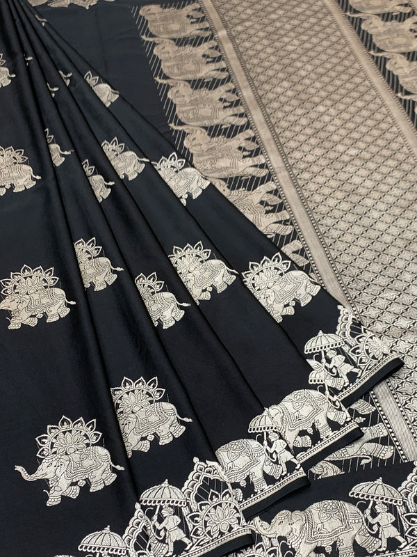 Midnight Black Mashru Silk Saree with Royal Elephant Zari Weave