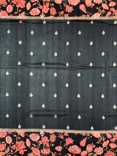 Midnight Bloom Black Tussore Saree with Pink Floral Border