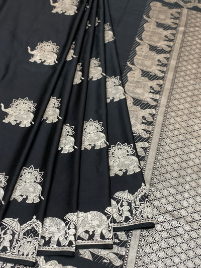 Midnight Black Mashru Silk Saree with Royal Elephant Zari Weave