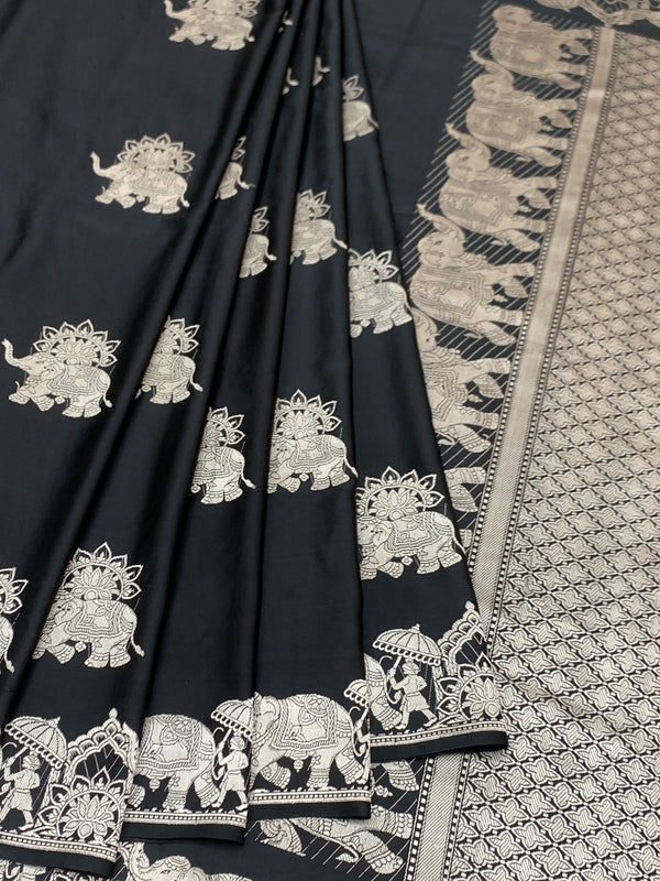 Midnight Black Mashru Silk Saree with Royal Elephant Zari Weave