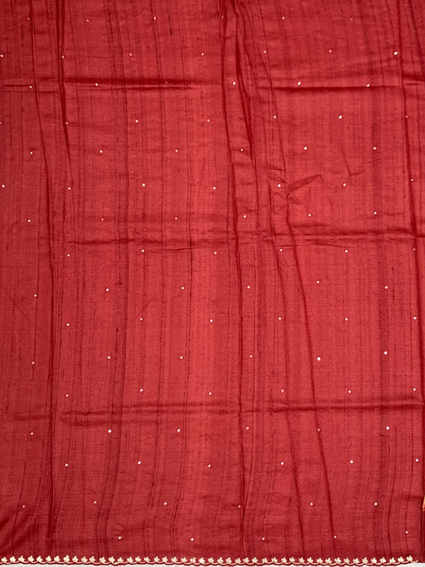 Deep Brick Red Tussore Silk Saree with Embroidered Circular Bootis