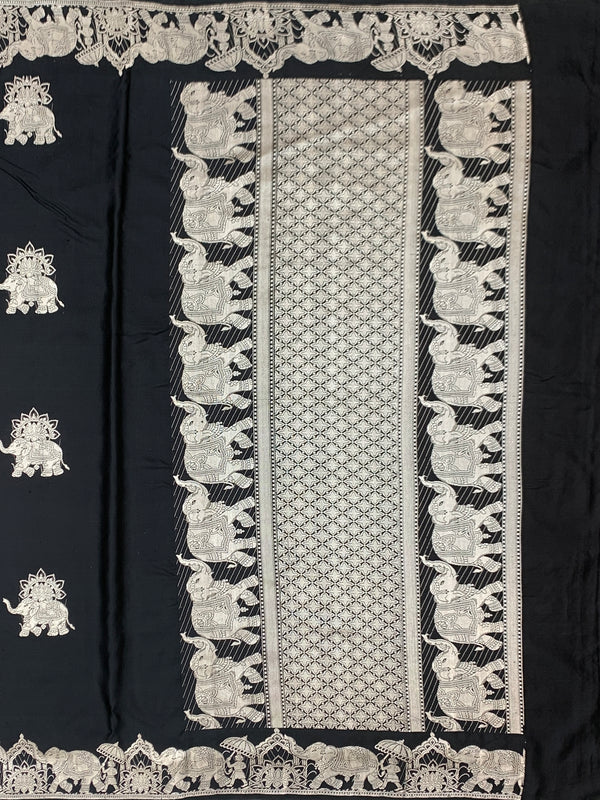 Midnight Black Mashru Silk Saree with Royal Elephant Zari Weave