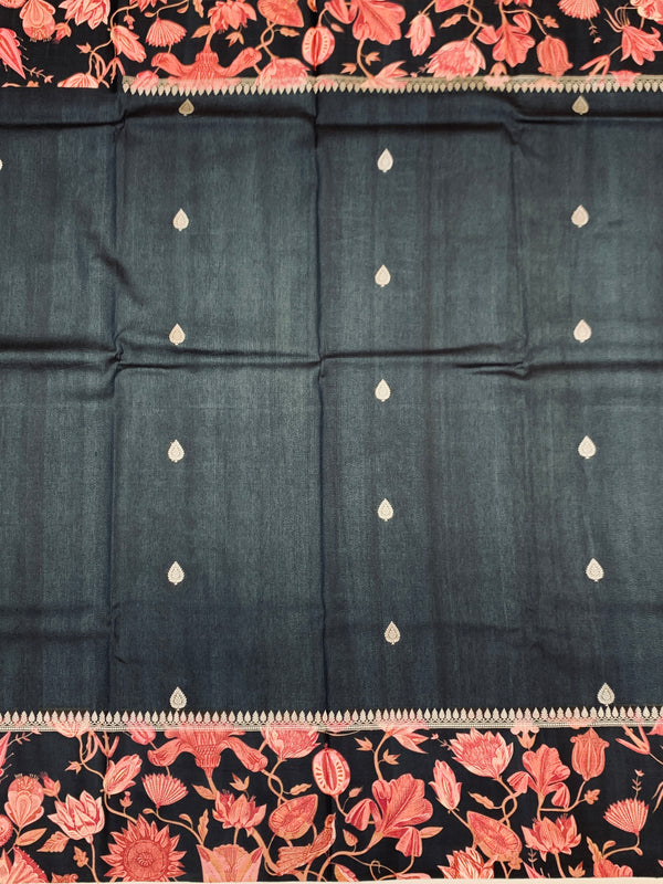Midnight Bloom Black Tussore Saree with Pink Floral Border