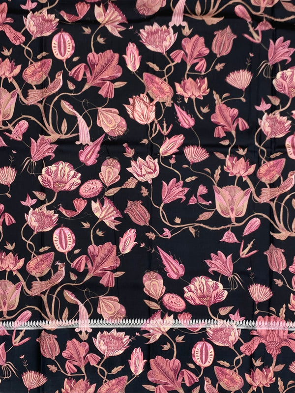 Midnight Bloom Black Tussore Saree with Pink Floral Border
