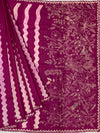 Rich Magenta Tussore Silk Saree with Wavy Stripes, Floral Embroidery & Matching Blouse