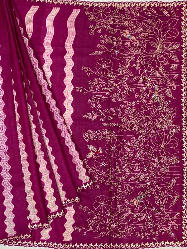 Rich Magenta Tussore Silk Saree with Wavy Stripes, Floral Embroidery & Matching Blouse