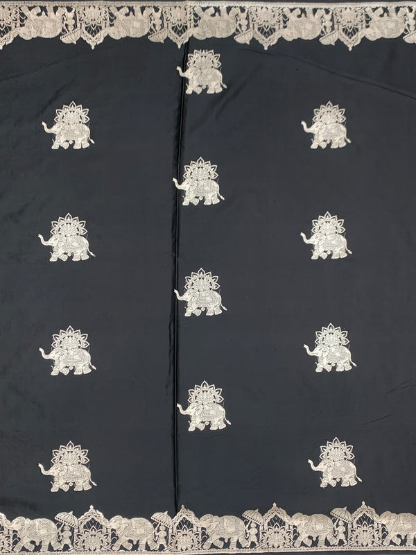 Midnight Black Mashru Silk Saree with Royal Elephant Zari Weave