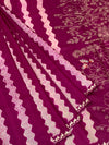 Rich Magenta Tussore Silk Saree with Wavy Stripes, Floral Embroidery & Matching Blouse