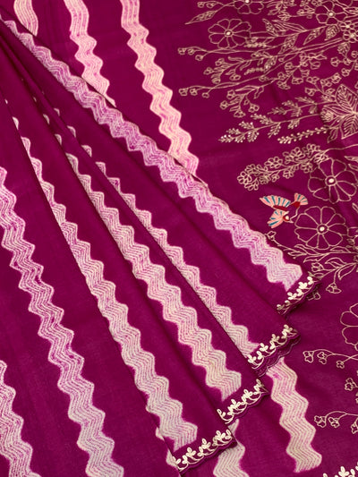 Rich Magenta Tussore Silk Saree with Wavy Stripes, Floral Embroidery & Matching Blouse