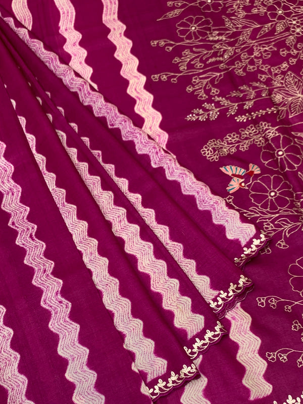 Rich Magenta Tussore Silk Saree with Wavy Stripes, Floral Embroidery & Matching Blouse