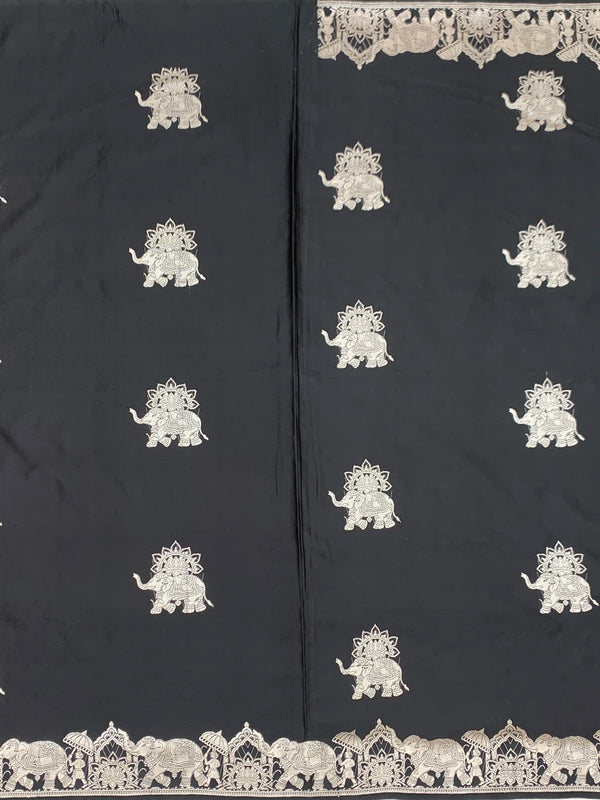 Midnight Black Mashru Silk Saree with Royal Elephant Zari Weave