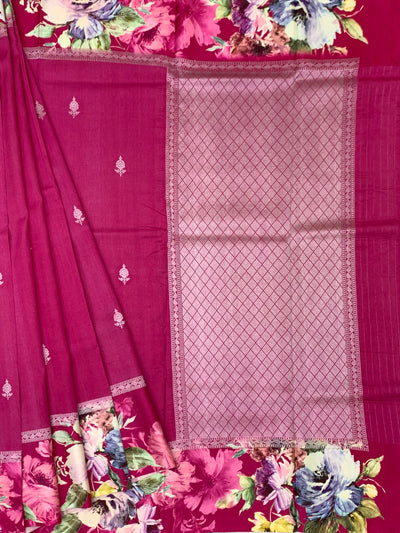 Magenta Tussore Saree with Floral Printed Border & Zari Pallu