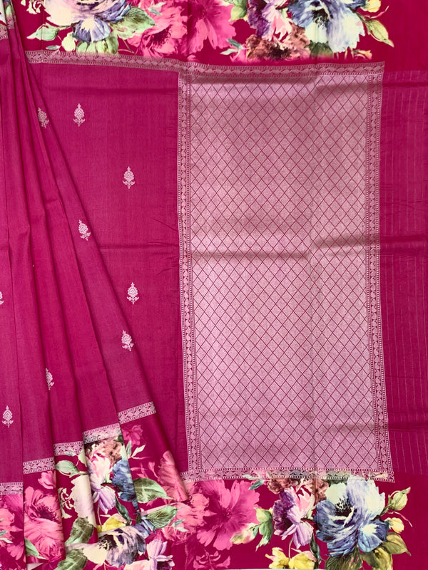 Magenta Tussore Saree with Floral Printed Border & Zari Pallu
