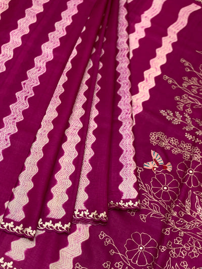 Rich Magenta Tussore Silk Saree with Wavy Stripes, Floral Embroidery & Matching Blouse