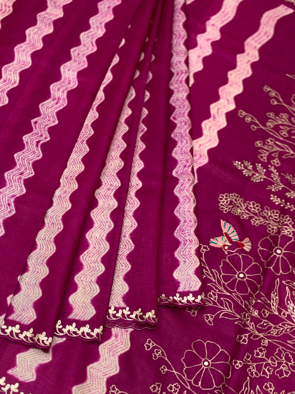 Rich Magenta Tussore Silk Saree with Wavy Stripes, Floral Embroidery & Matching Blouse