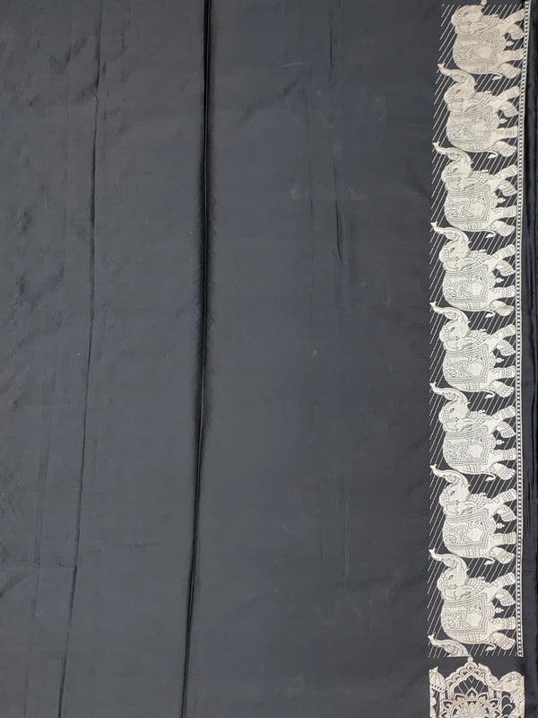 Midnight Black Mashru Silk Saree with Royal Elephant Zari Weave