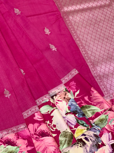 Magenta Tussore Saree with Floral Printed Border & Zari Pallu