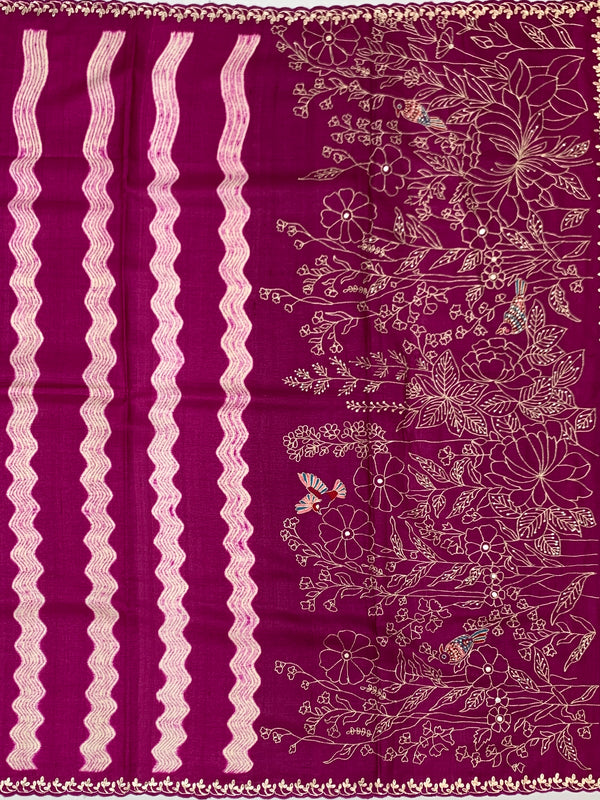 Rich Magenta Tussore Silk Saree with Wavy Stripes, Floral Embroidery & Matching Blouse