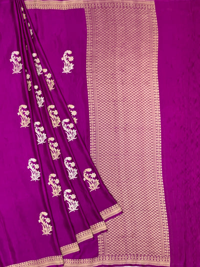 Radiant Magenta Mashru Silk Saree with Floral Buttas & Geometric Pallu
