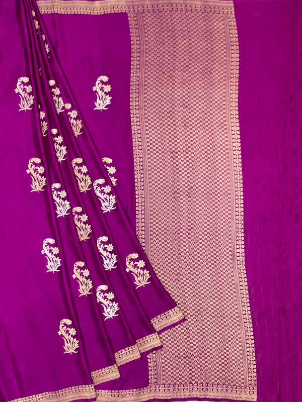 Radiant Magenta Mashru Silk Saree with Floral Buttas & Geometric Pallu