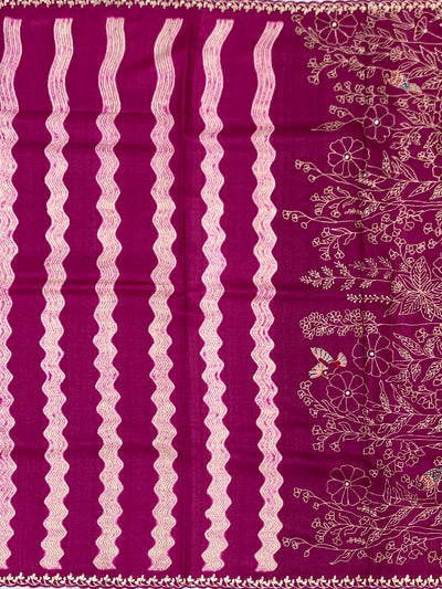 Rich Magenta Tussore Silk Saree with Wavy Stripes, Floral Embroidery & Matching Blouse