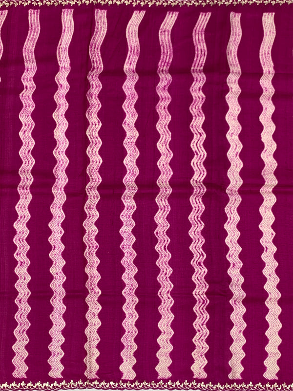 Rich Magenta Tussore Silk Saree with Wavy Stripes, Floral Embroidery & Matching Blouse