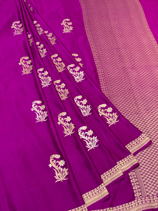 Radiant Magenta Mashru Silk Saree with Floral Buttas & Geometric Pallu