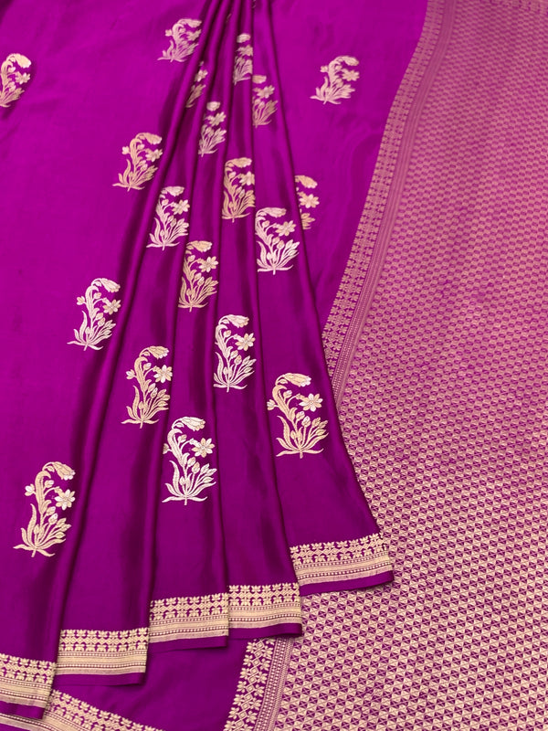 Radiant Magenta Mashru Silk Saree with Floral Buttas & Geometric Pallu
