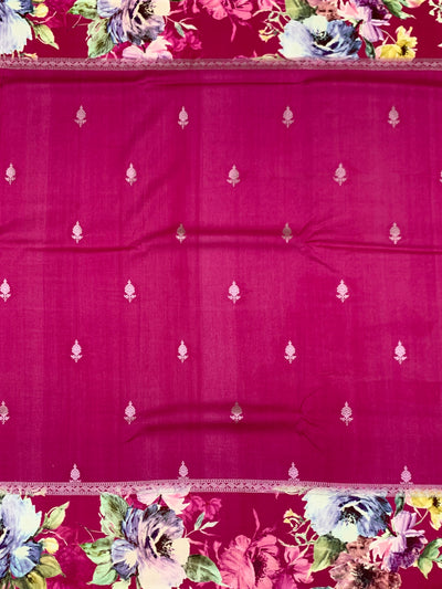 Magenta Tussore Saree with Floral Printed Border & Zari Pallu
