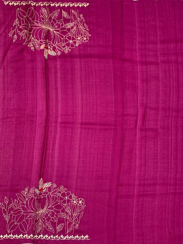 Rich Magenta Tussore Silk Saree with Wavy Stripes, Floral Embroidery & Matching Blouse