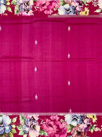 Magenta Tussore Saree with Floral Printed Border & Zari Pallu