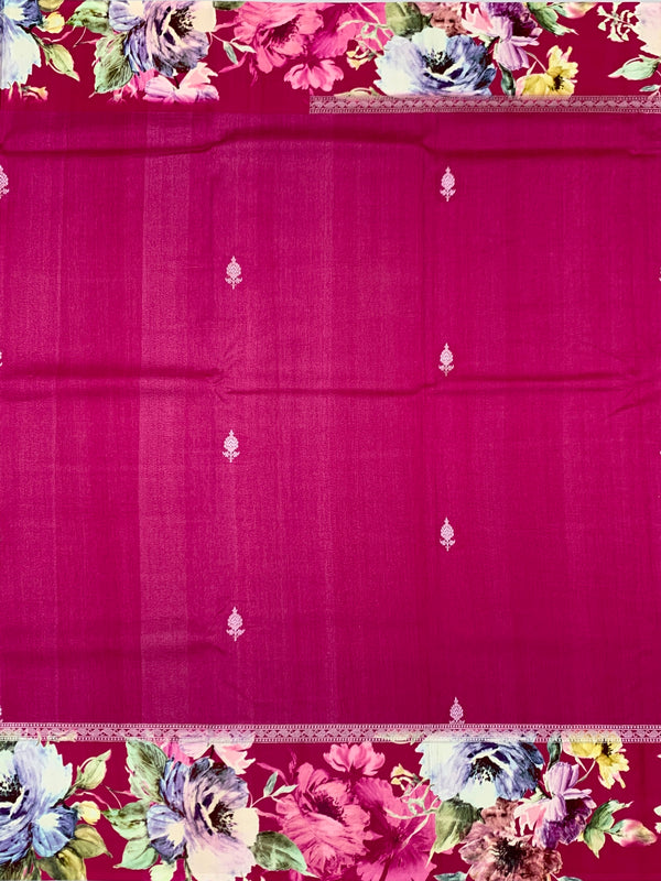 Magenta Tussore Saree with Floral Printed Border & Zari Pallu