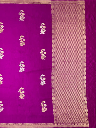 Radiant Magenta Mashru Silk Saree with Floral Buttas & Geometric Pallu