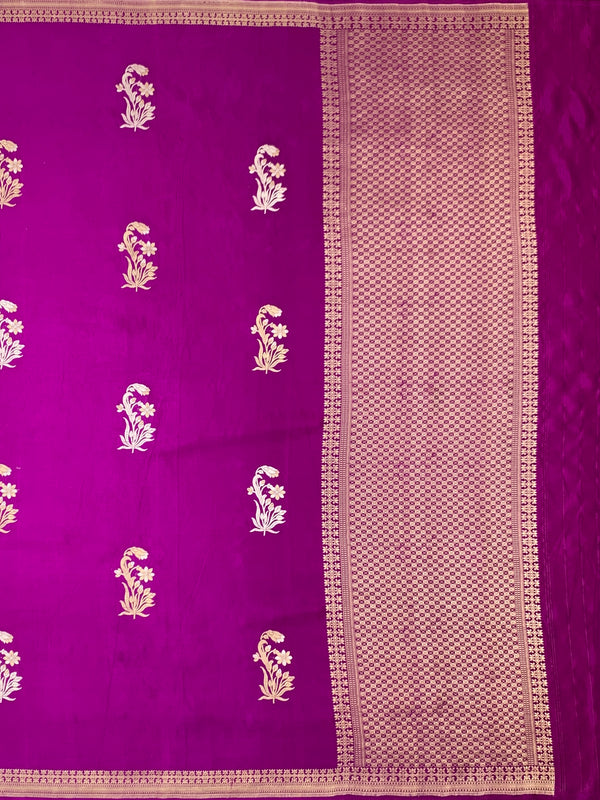 Radiant Magenta Mashru Silk Saree with Floral Buttas & Geometric Pallu