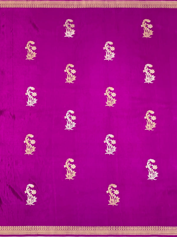 Radiant Magenta Mashru Silk Saree with Floral Buttas & Geometric Pallu