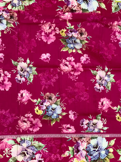 Magenta Tussore Saree with Floral Printed Border & Zari Pallu
