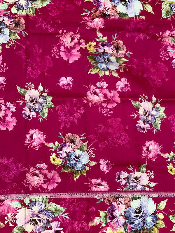 Magenta Tussore Saree with Floral Printed Border & Zari Pallu