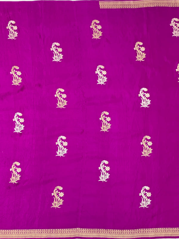 Radiant Magenta Mashru Silk Saree with Floral Buttas & Geometric Pallu