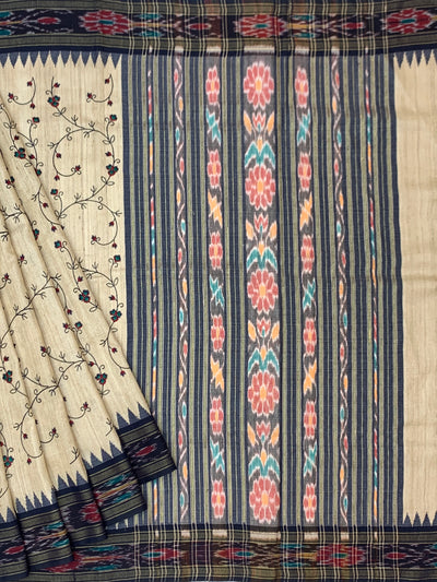 Ivory Tussore Silk Saree with Climbing Floral Vines & Grand Ikat Pallu