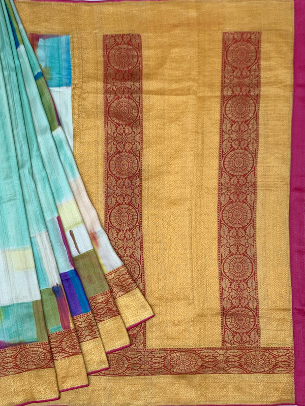 Vibrant Abstract Tussore Georgette Saree with Traditional Zari Border