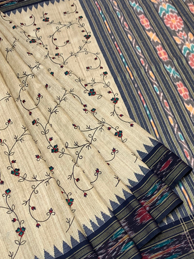 Ivory Tussore Silk Saree with Climbing Floral Vines & Grand Ikat Pallu