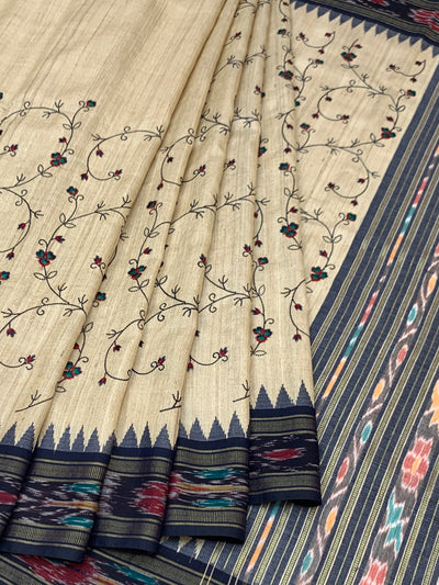 Ivory Tussore Silk Saree with Climbing Floral Vines & Grand Ikat Pallu