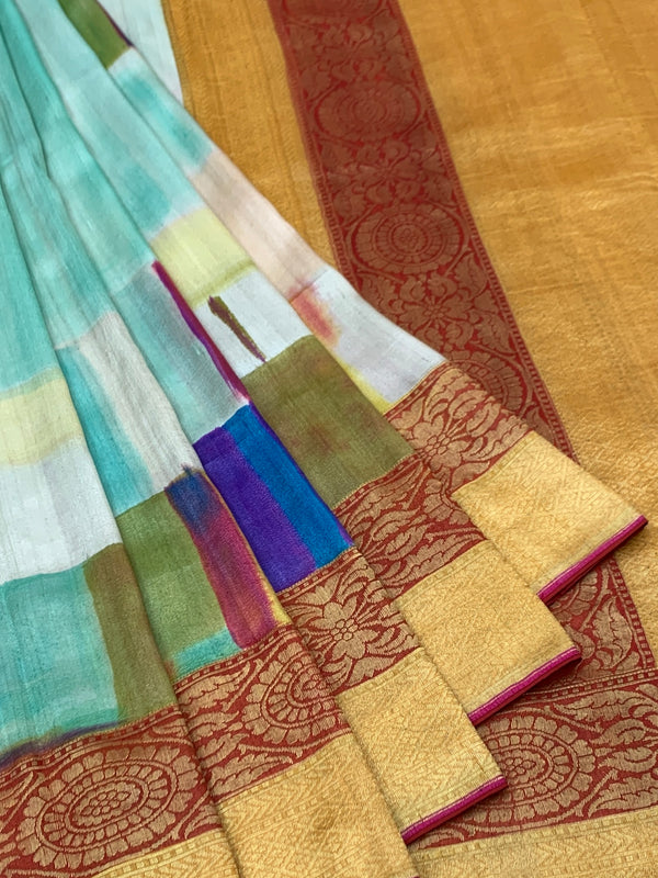 Vibrant Abstract Tussore Georgette Saree with Traditional Zari Border