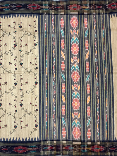 Ivory Tussore Silk Saree with Climbing Floral Vines & Grand Ikat Pallu