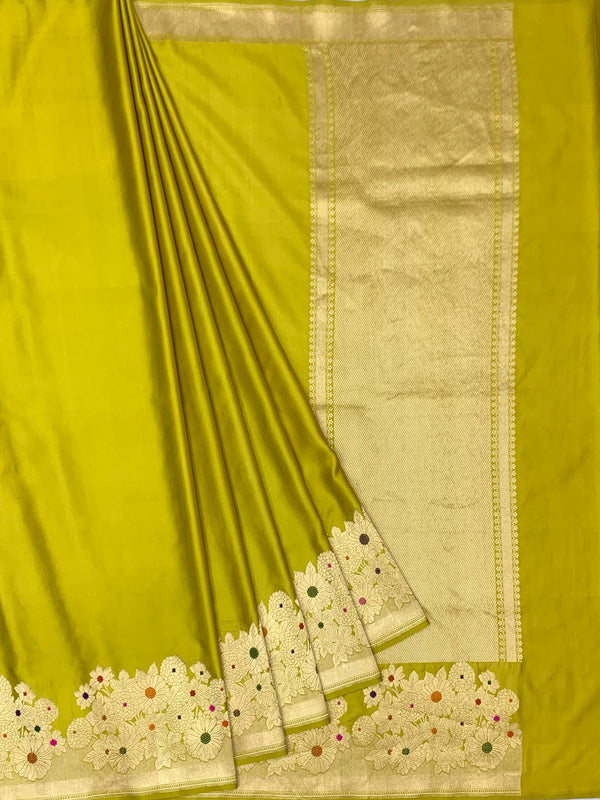 Vibrant Chartreuse Green Mashru Silk Saree with Meenakari Floral Border
