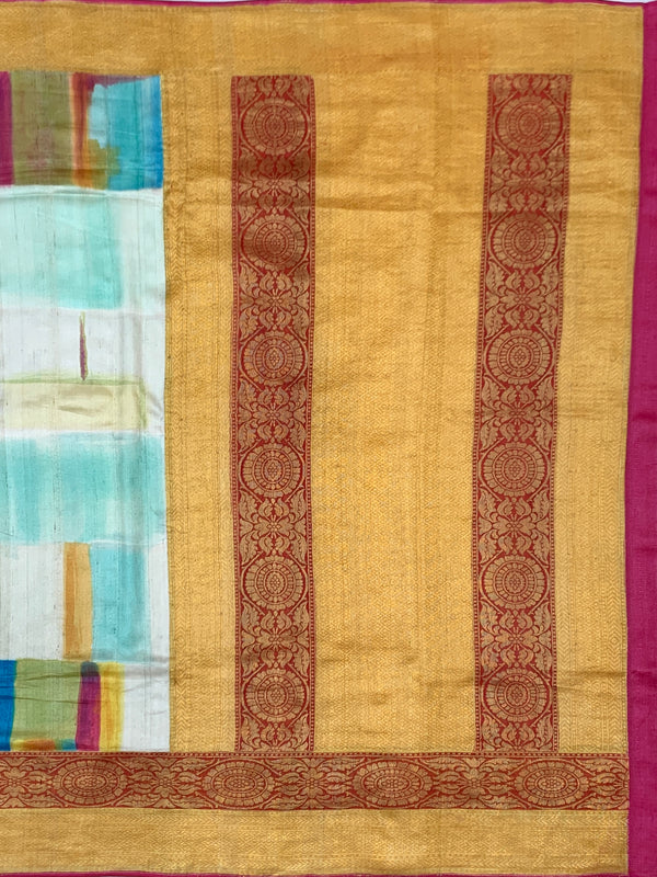 Vibrant Abstract Tussore Georgette Saree with Traditional Zari Border
